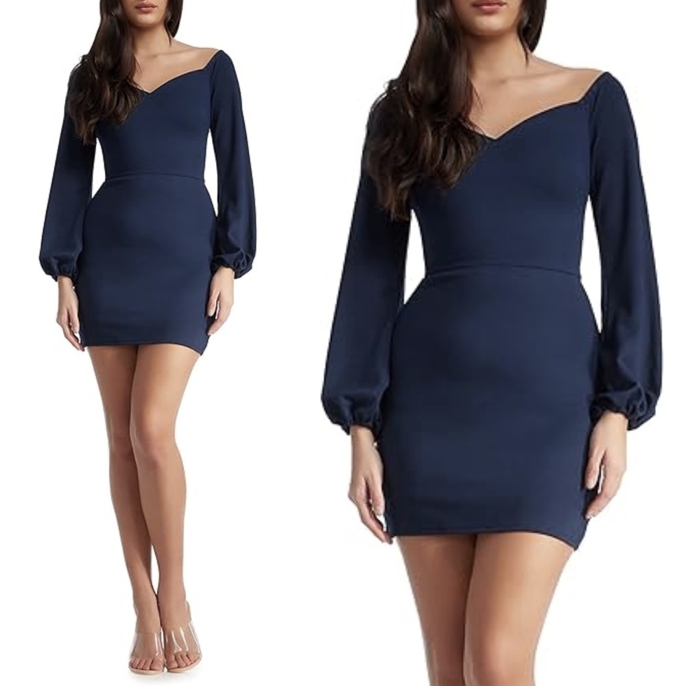 Dress the Population Esperanza Long Bubble Sleeve V Neck Mini Dress in Navy NEW